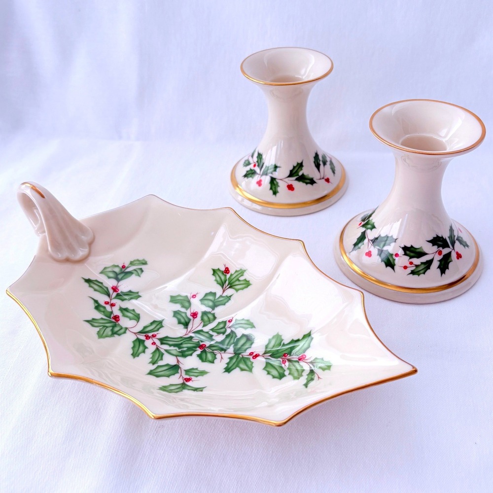 Vintage Lenox Holiday Candle Holder Set & Leaf Dish Gold Trim Holly Berry 3pc